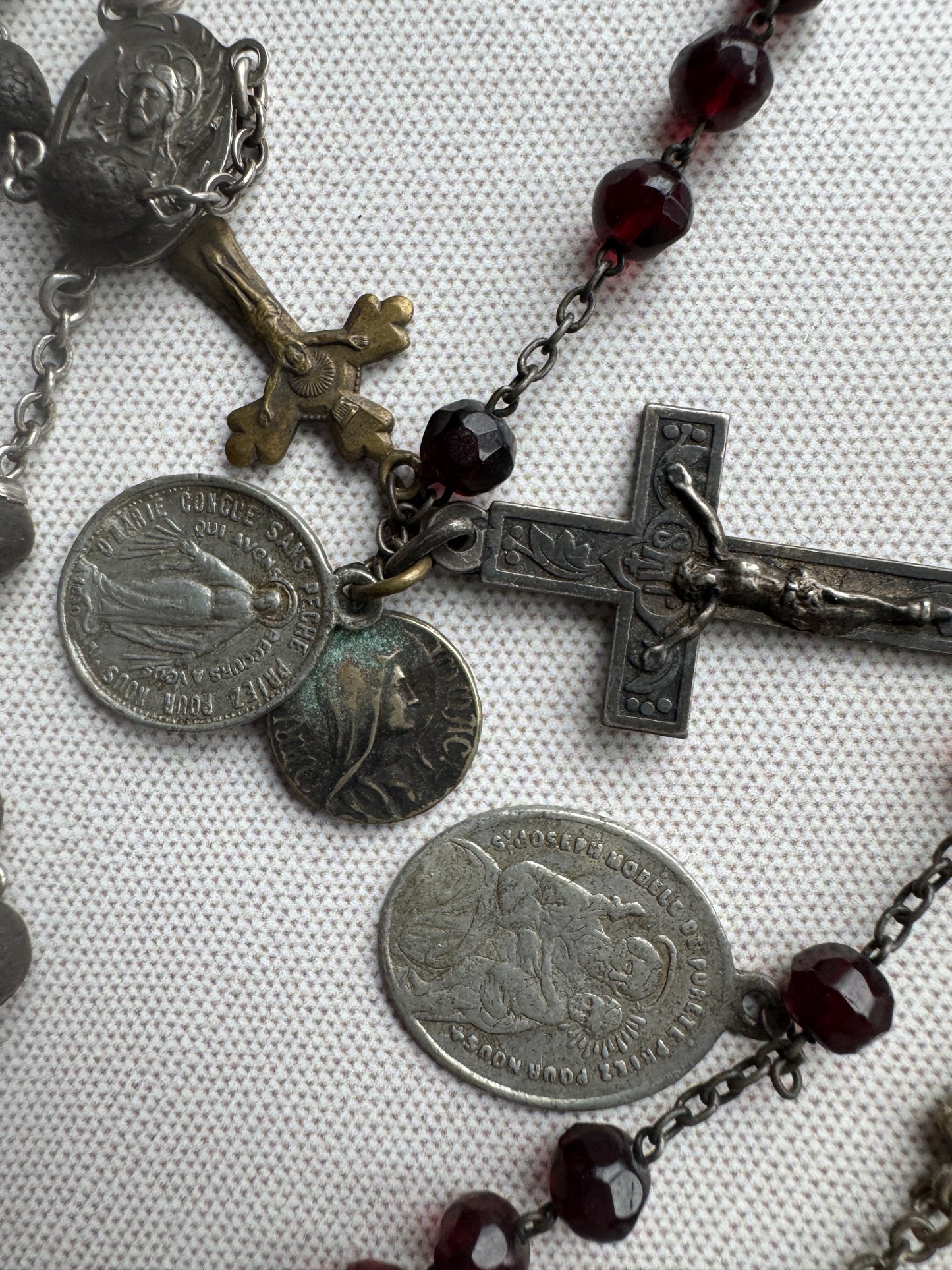 Antique French Rosary Lot with Crucifixes and Religious Medals