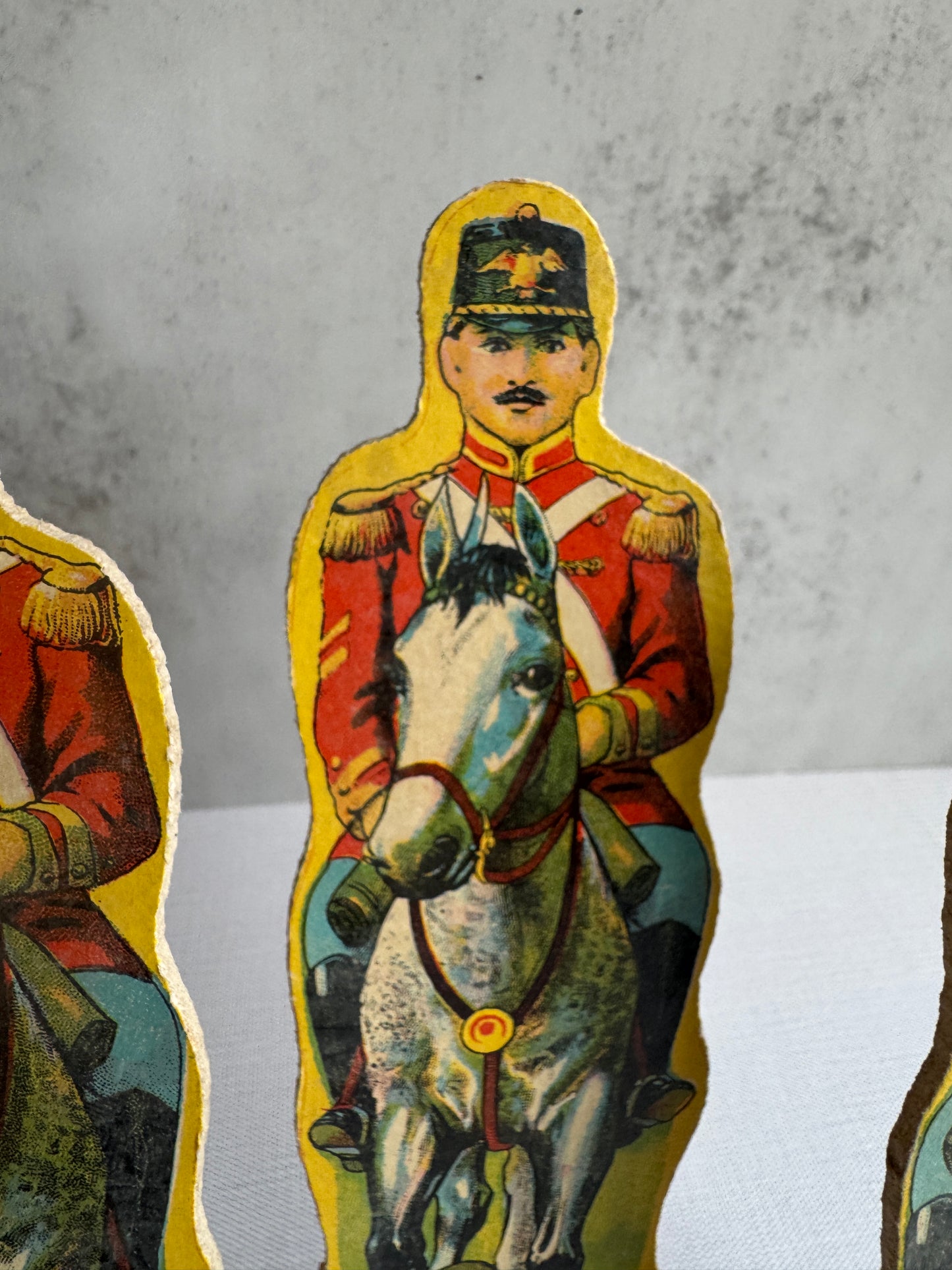 Antique Lithographed Paper Toy Soldiers on Horseback, Set of 4 Mounted Cavalry Figures