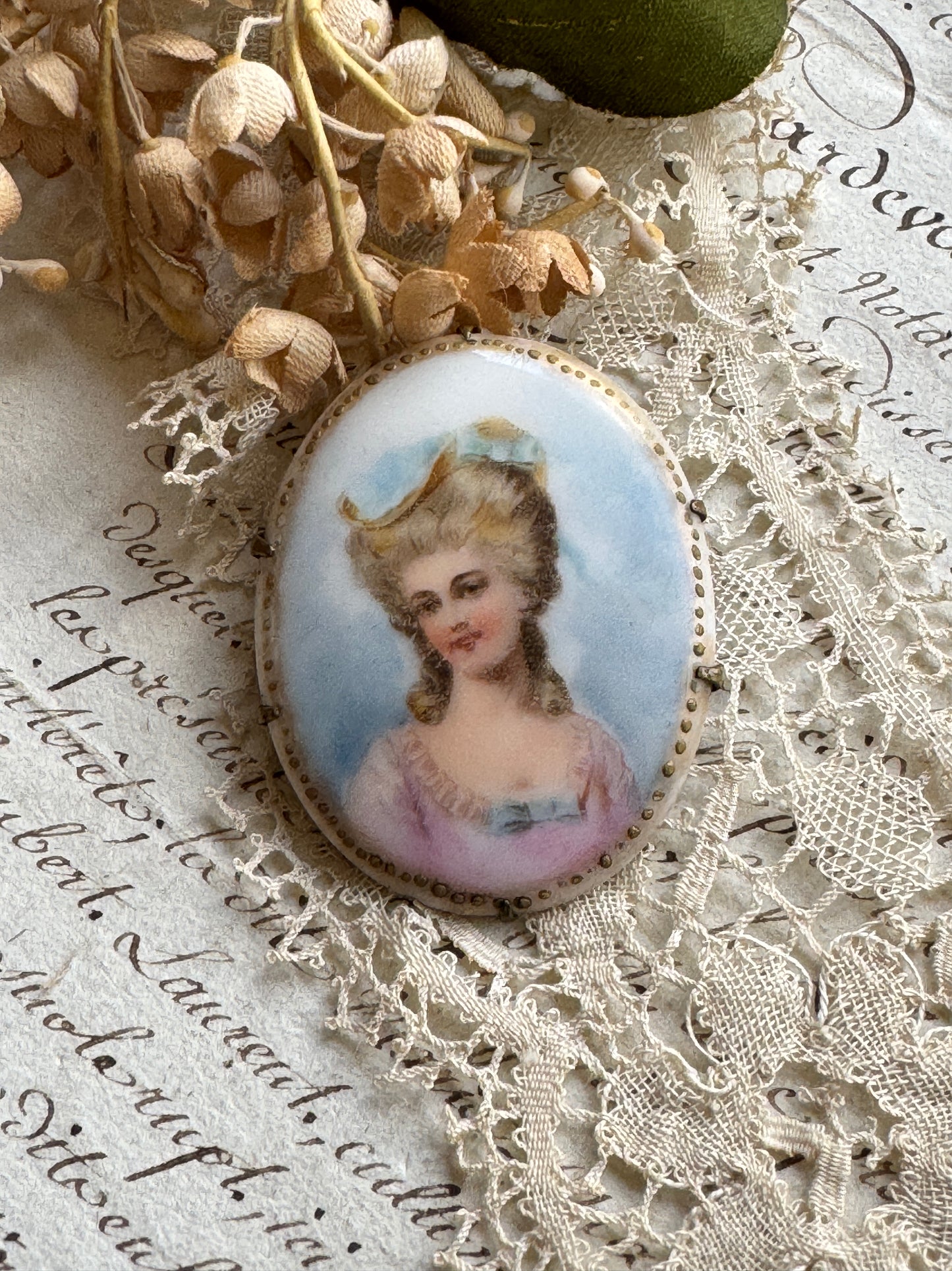 Antique Porcelain Portrait Brooch, 18th Century Style Lady