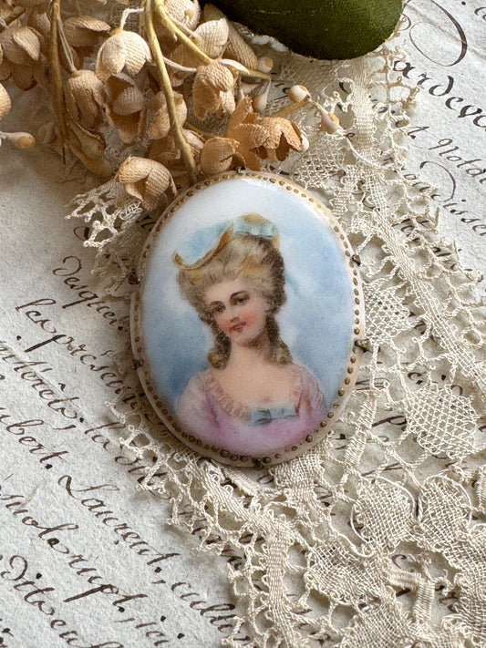 Antique Porcelain Portrait Brooch, 18th Century Style Lady