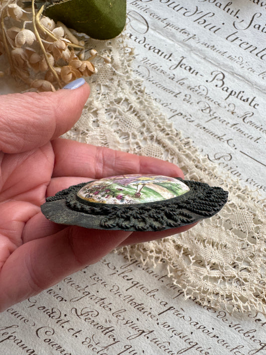 Antique French Pendant with Printed Porcelain Cabochon – Romantic Courting Couple