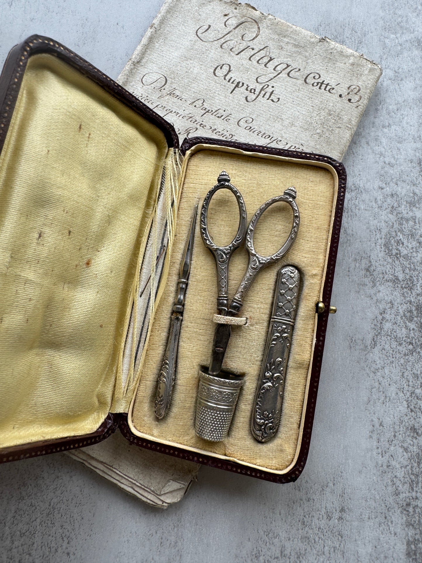 Antique French Sewing Etui Set in Leather Case, Elegant 19th Century Necessaire