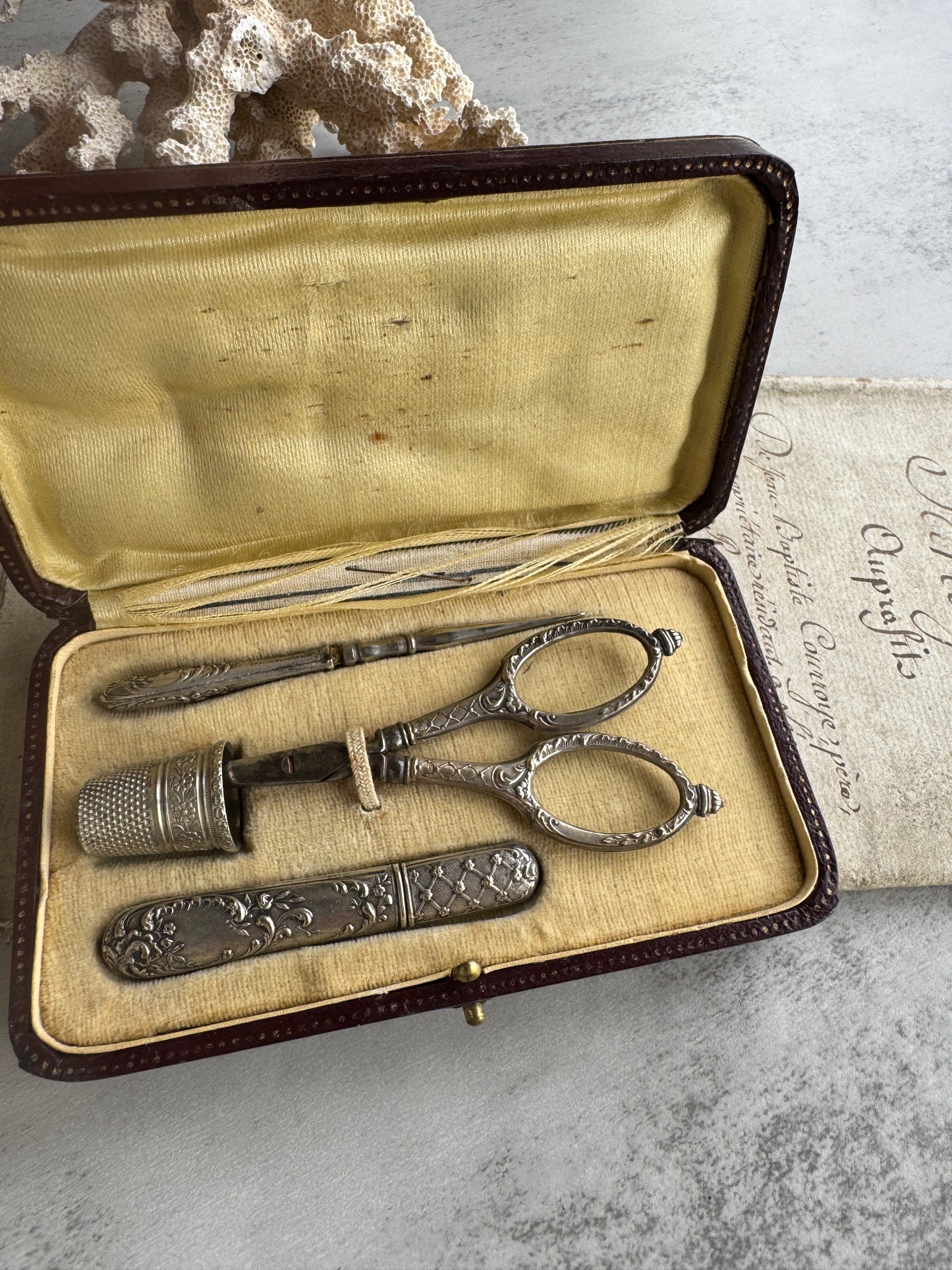 Antique French Sewing Etui Set in Leather Case, Elegant 19th Century Necessaire