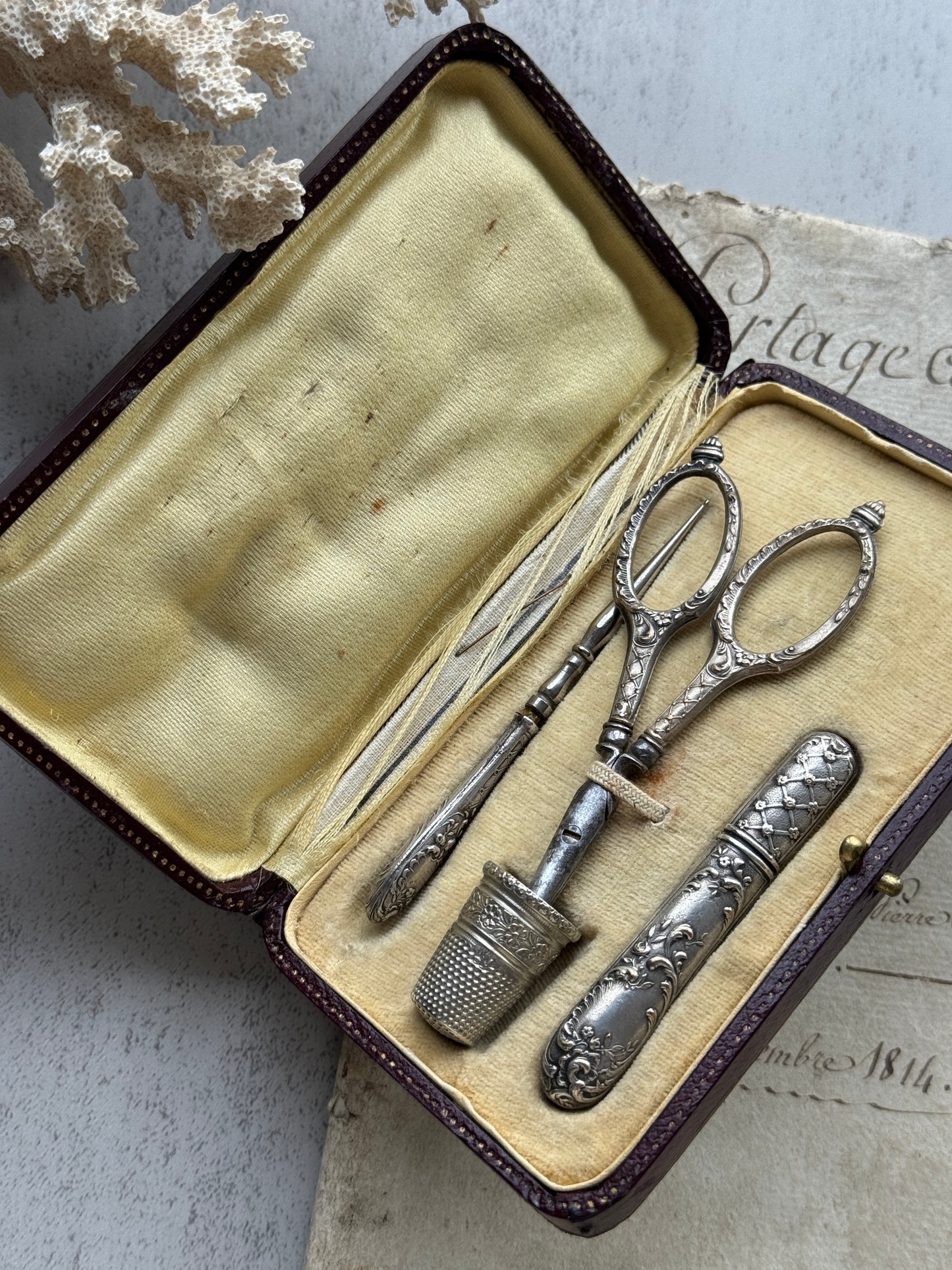 Antique French Sewing Etui Set in Leather Case, Elegant 19th Century Necessaire