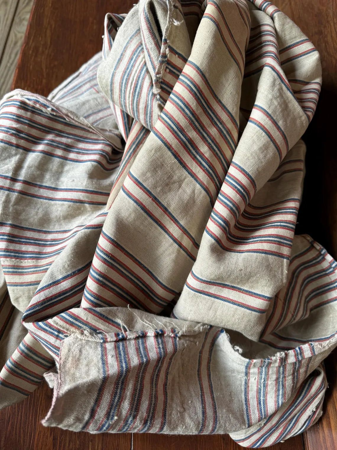 Antique French Ticking Fabric, Red and Blue Stripes, Mattress Cotton Remnant 84" x 52"