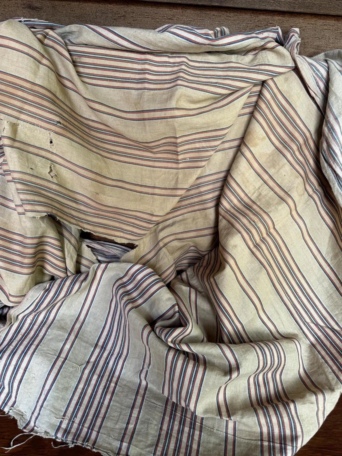 Antique French Ticking Fabric, Red and Blue Stripes, Mattress Cotton Remnant 84" x 52"