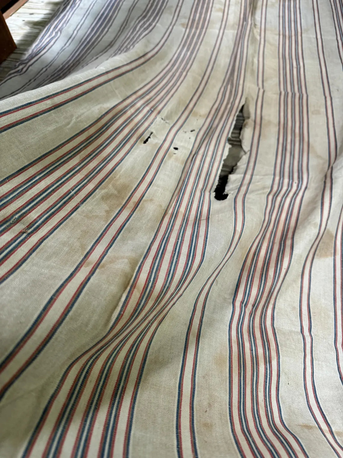 Antique French Ticking Fabric, Red and Blue Stripes, Mattress Cotton Remnant 84" x 52"