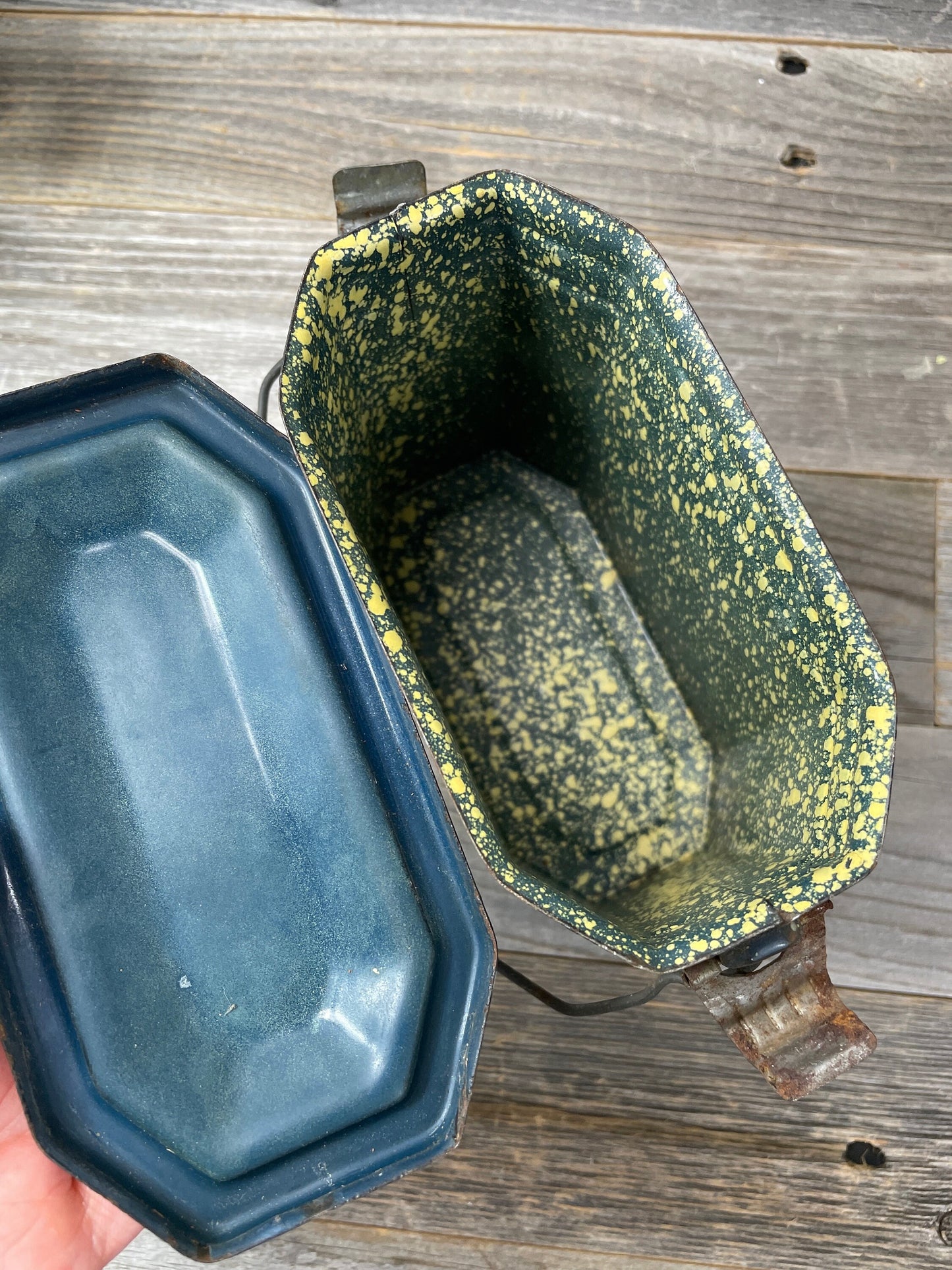 Vintage French Enamel Lunch Pail, Graniteware with Handle