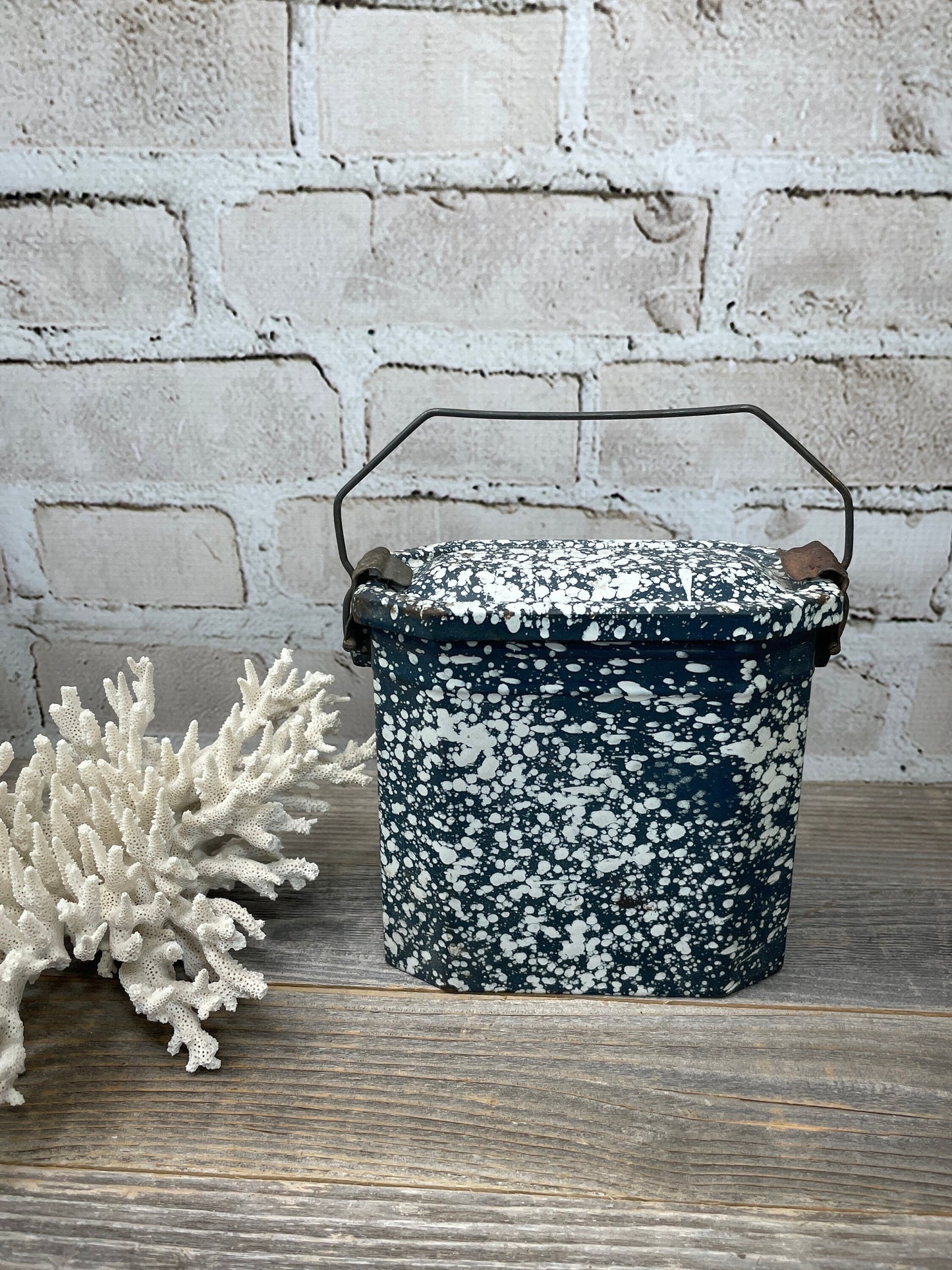 Vintage French Enamel Lunch Pail, Graniteware with Handle