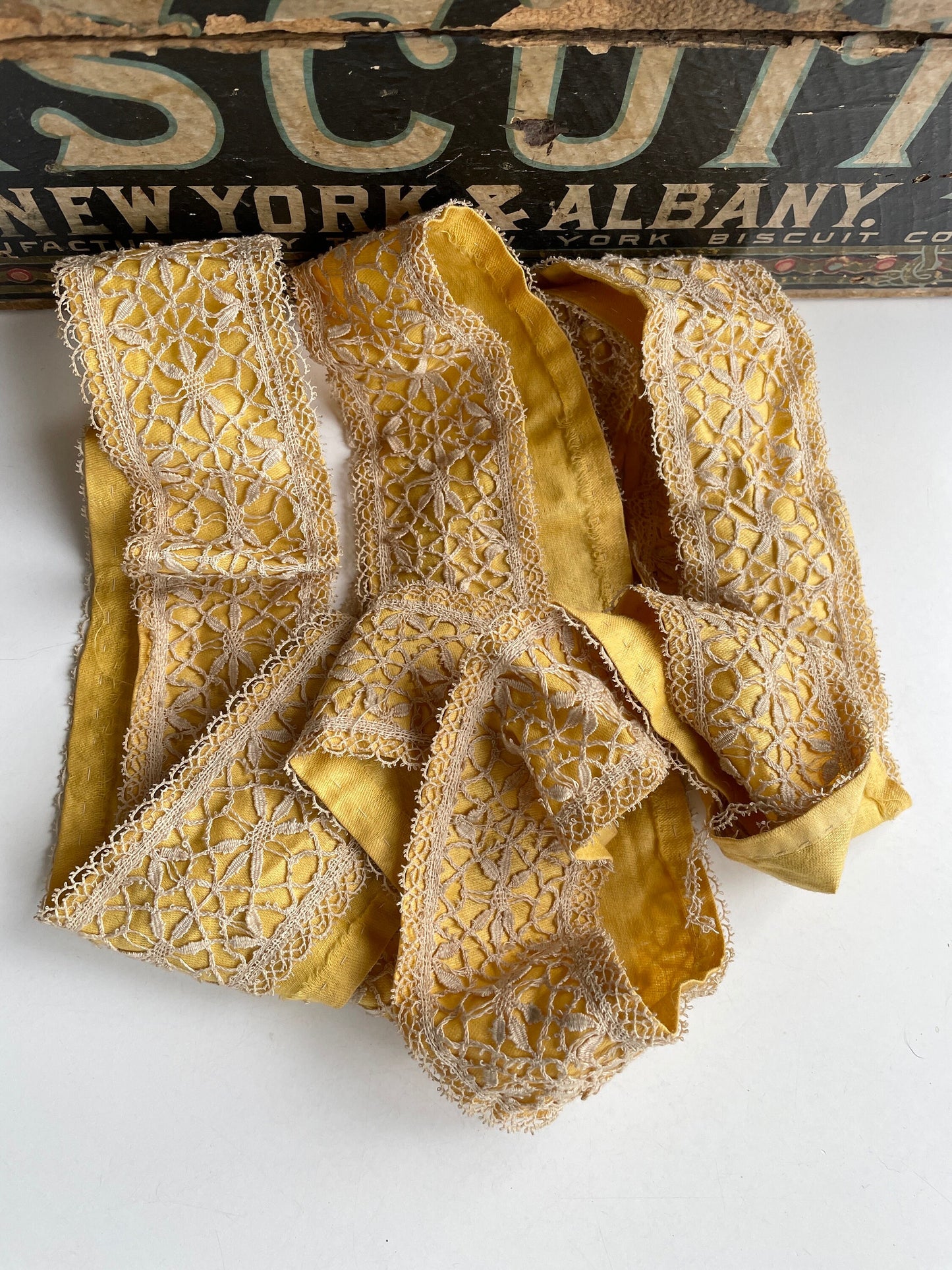 Handmade French Lace with Fabric Backing, Antique Trim, Yellow Gold