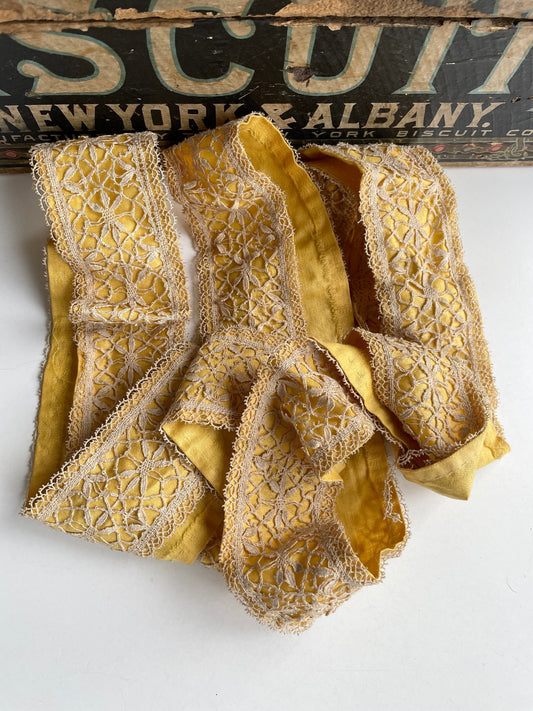 Handmade French Lace with Fabric Backing, Antique Trim, Yellow Gold