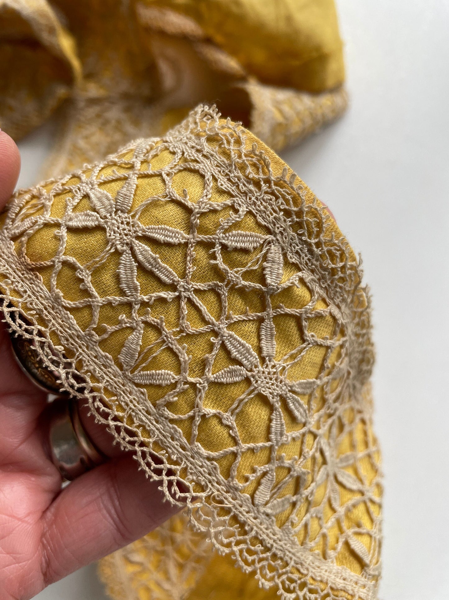 Handmade French Lace with Fabric Backing, Antique Trim, Yellow Gold