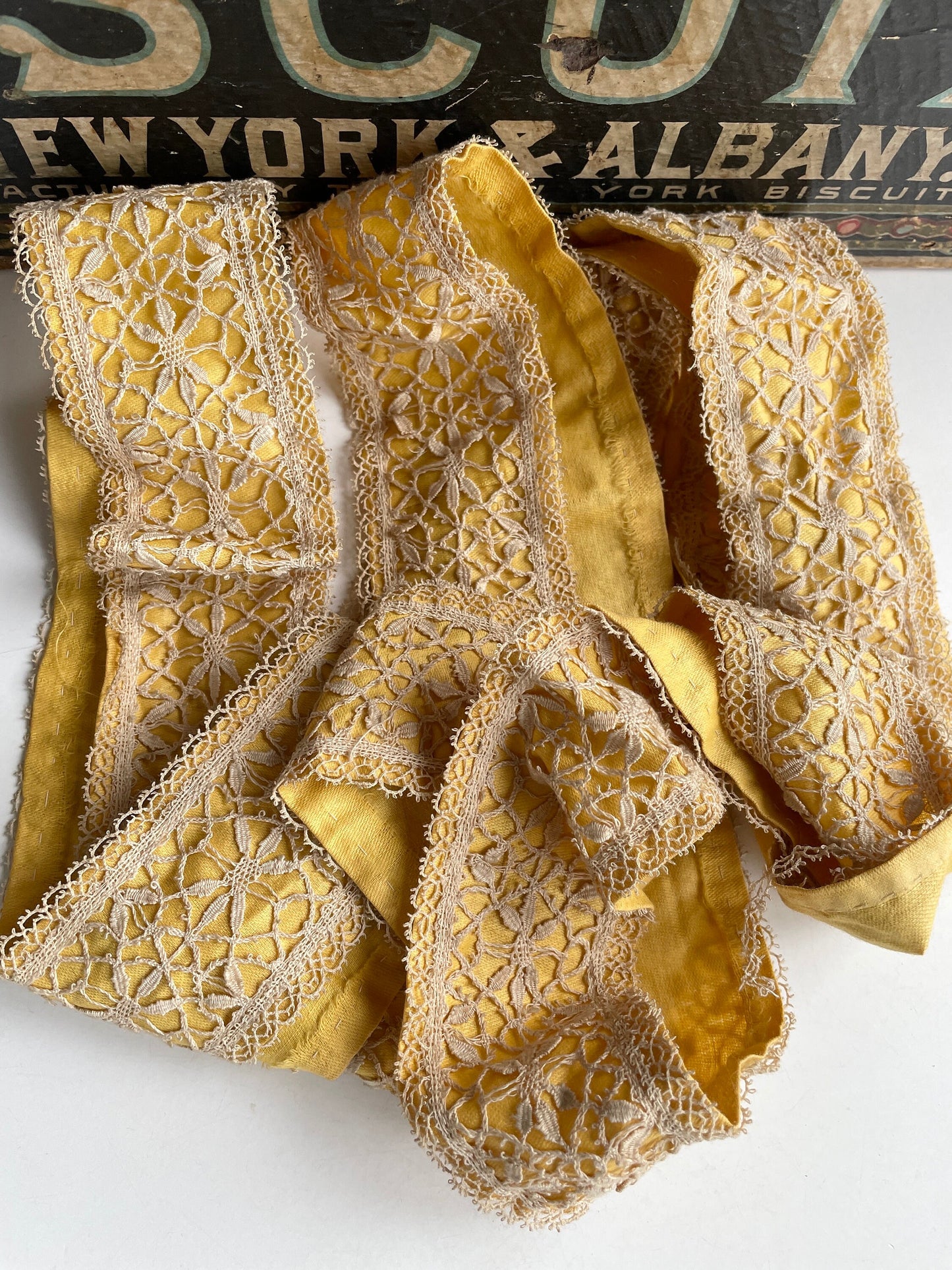 Handmade French Lace with Fabric Backing, Antique Trim, Yellow Gold
