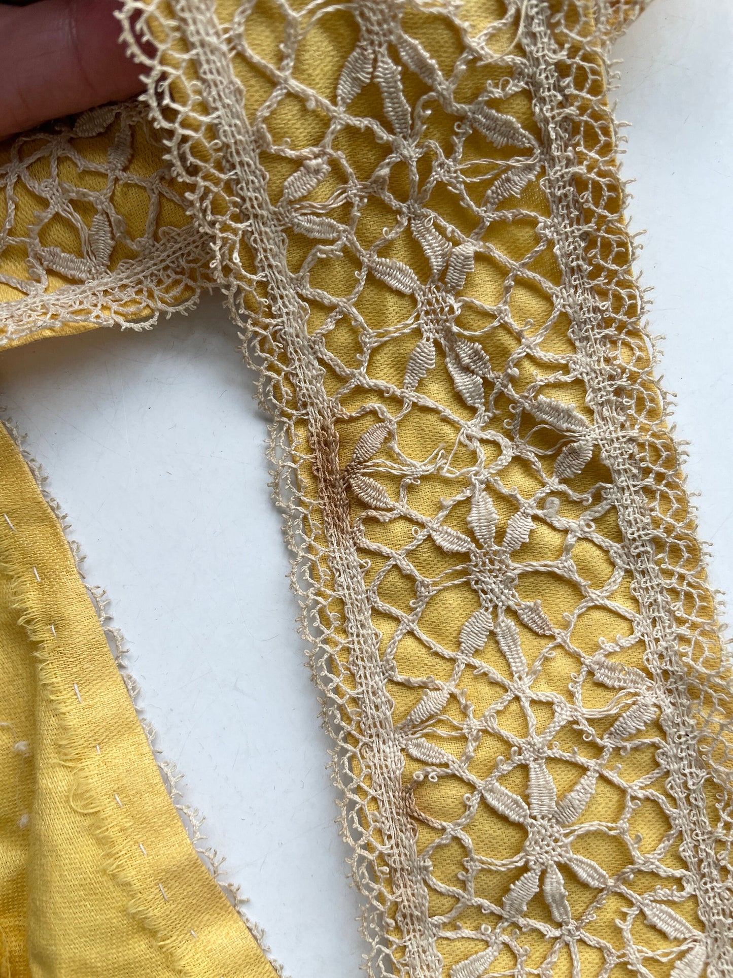 Handmade French Lace with Fabric Backing, Antique Trim, Yellow Gold