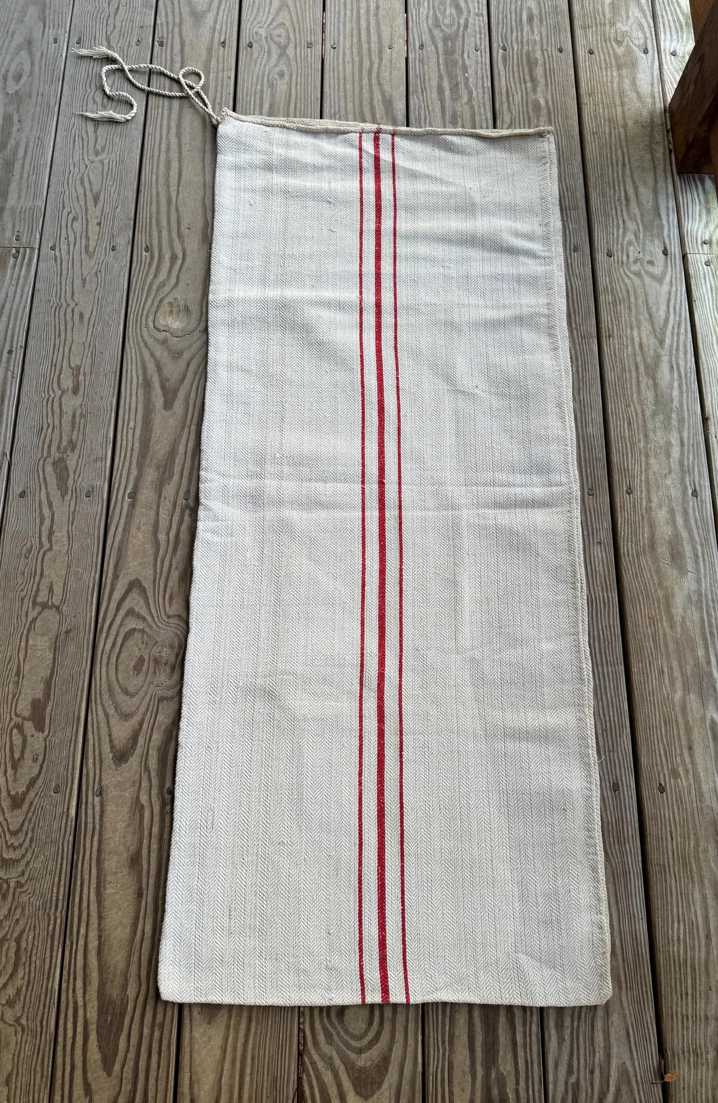 Vintage French Grain Sack Bag with Red Stripes Textile Bag, Heavy Material, European