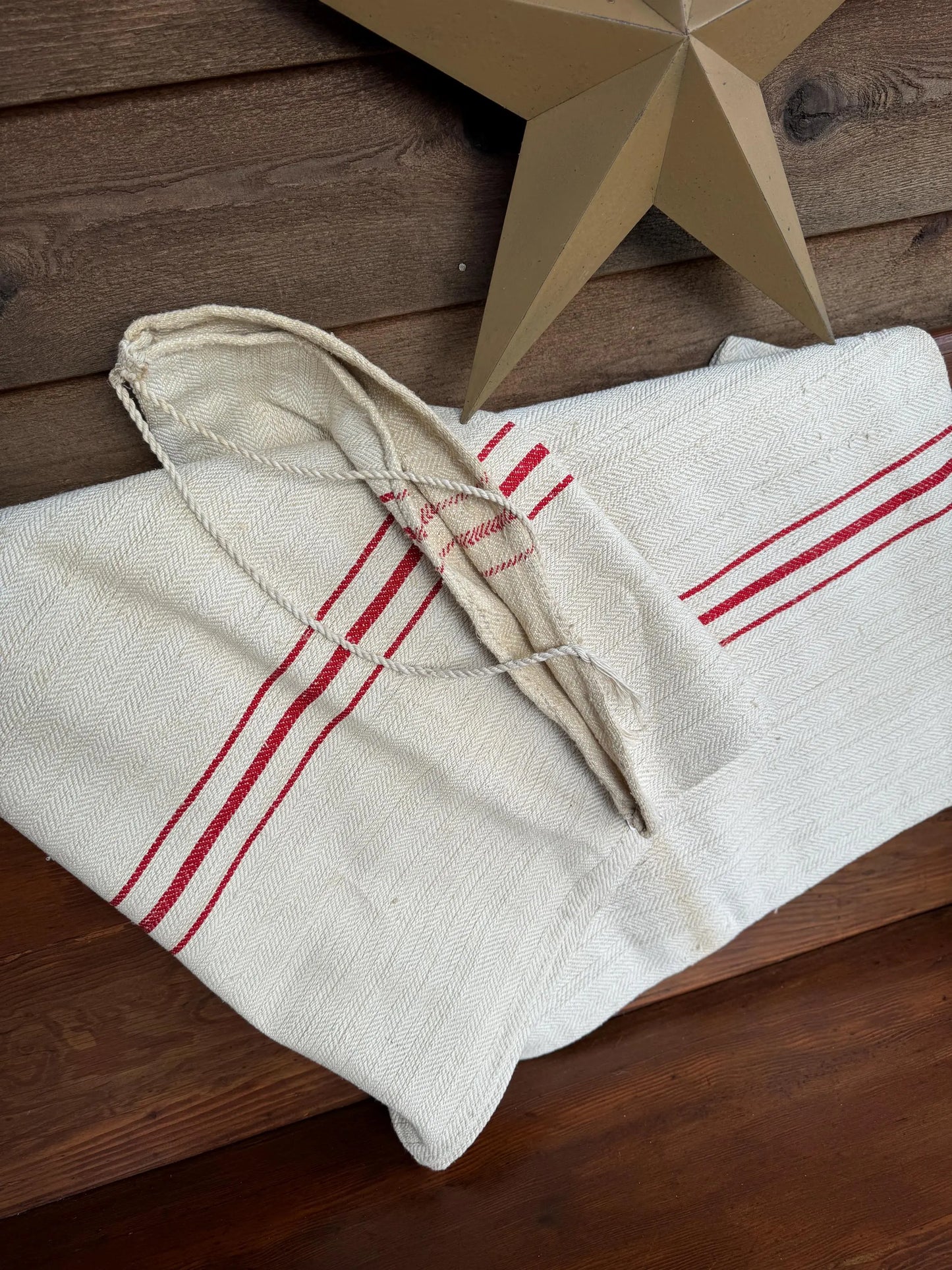 Vintage French Grain Sack Bag with Red Stripes Textile Bag, Heavy Material, European