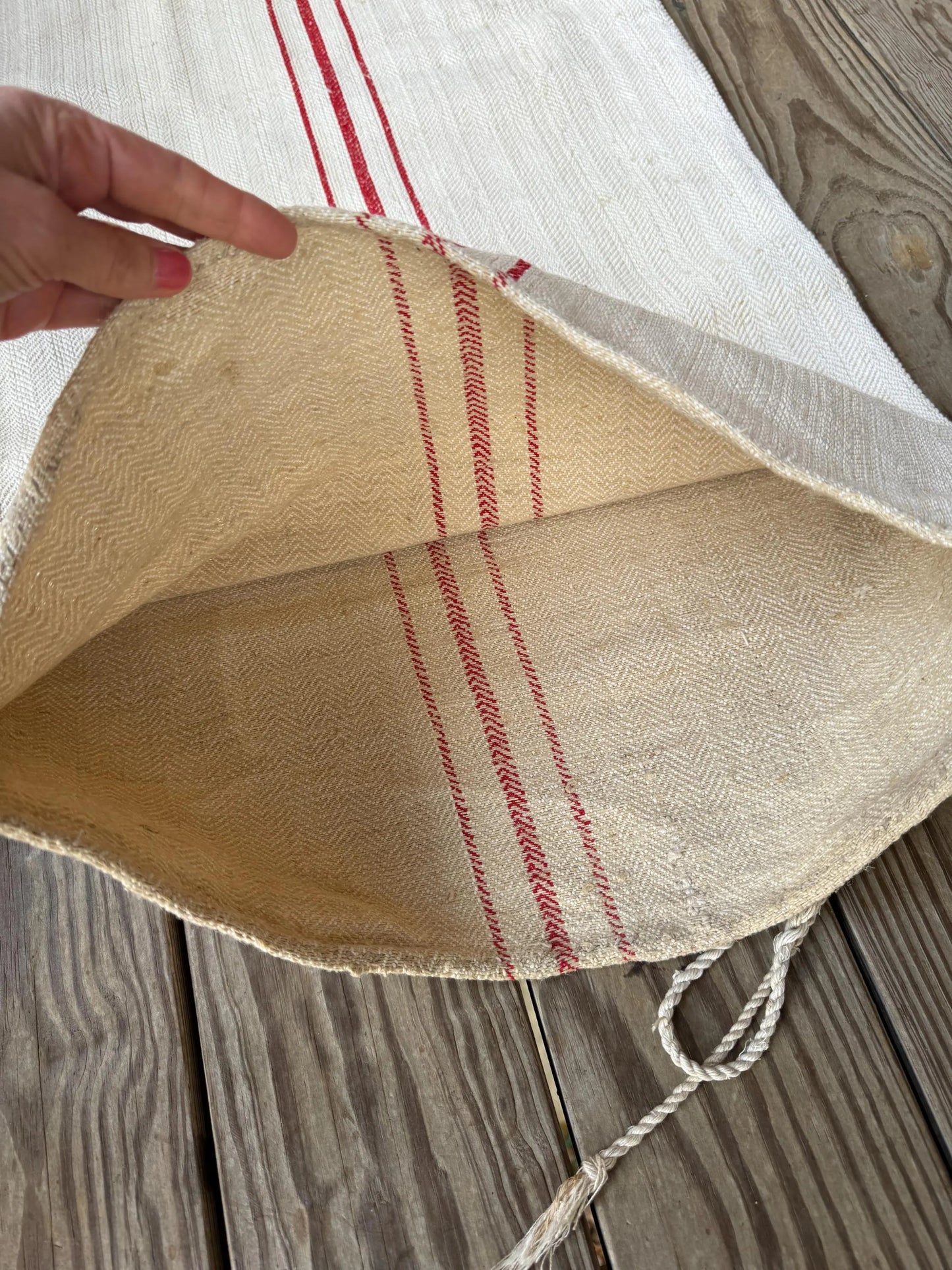 Vintage French Grain Sack Bag with Red Stripes Textile Bag, Heavy Material, European