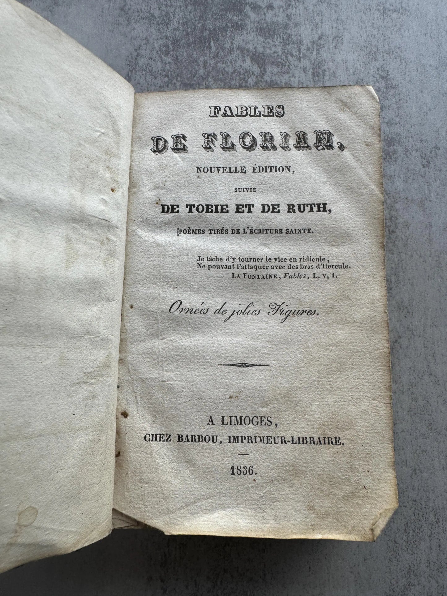 Antique 1836 Book, Fables de Florian with Biblical Poems, Rare French Book, Illustrated with Leather Cover