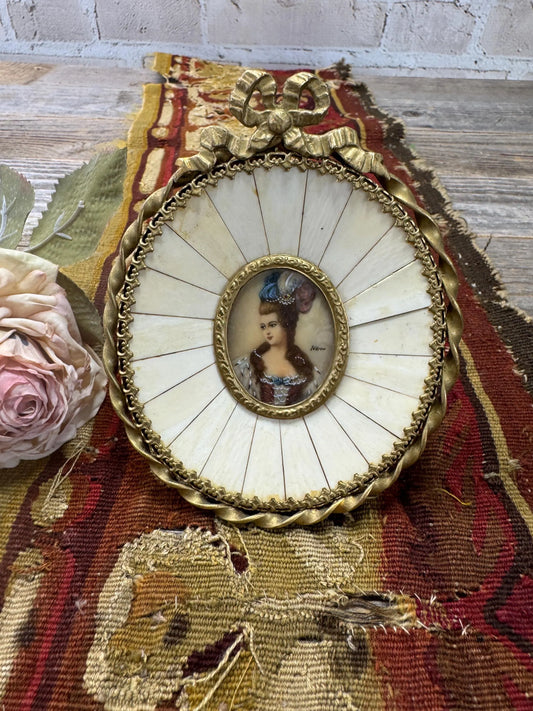 Antique French Hand-Painted Portrait in Oval Bone Frame
