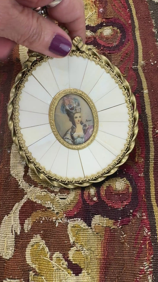 Antique French Hand-Painted Portrait in Oval Bone Frame